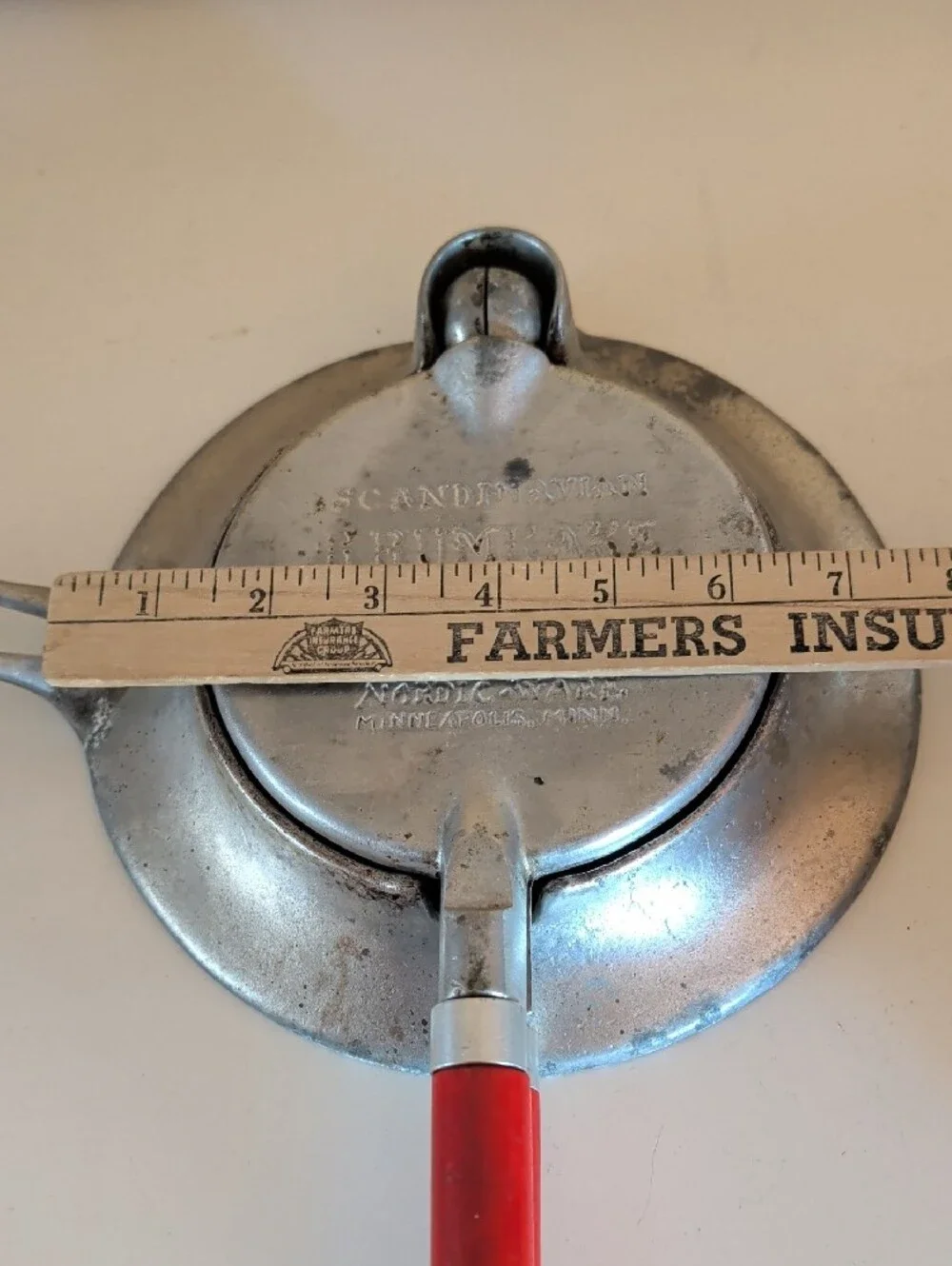 VTG. Nordic Ware Krumcake Iron.Red-Handled Cast Aluminum Stove-Top Ironing Press
